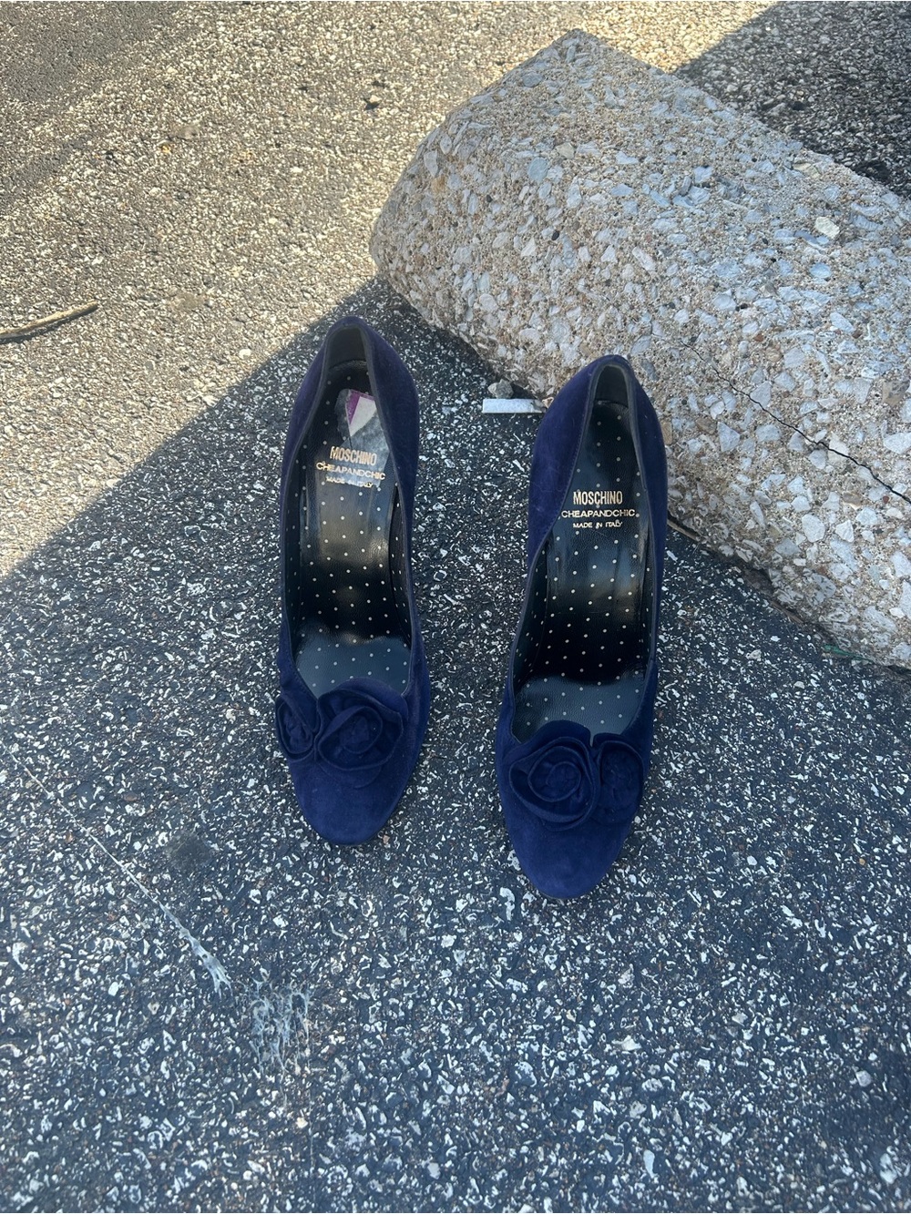 Moschino Navy Suede Rose Detail Pumps